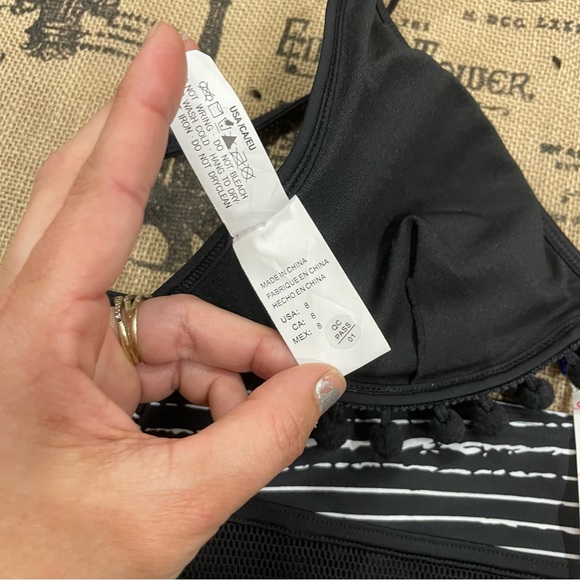 COCOSHIP Striped High Waist Bikini Set Tassel Trim Top Halter Straps Swimsuit - Picture 12 of 16